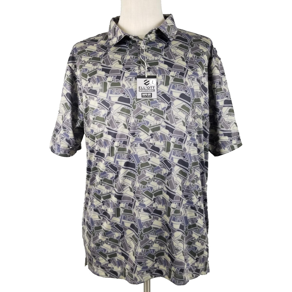 Elliott Collection Polo Shirt Mens Large Gray Green Fedora‎ Print Rapid Dry Golf